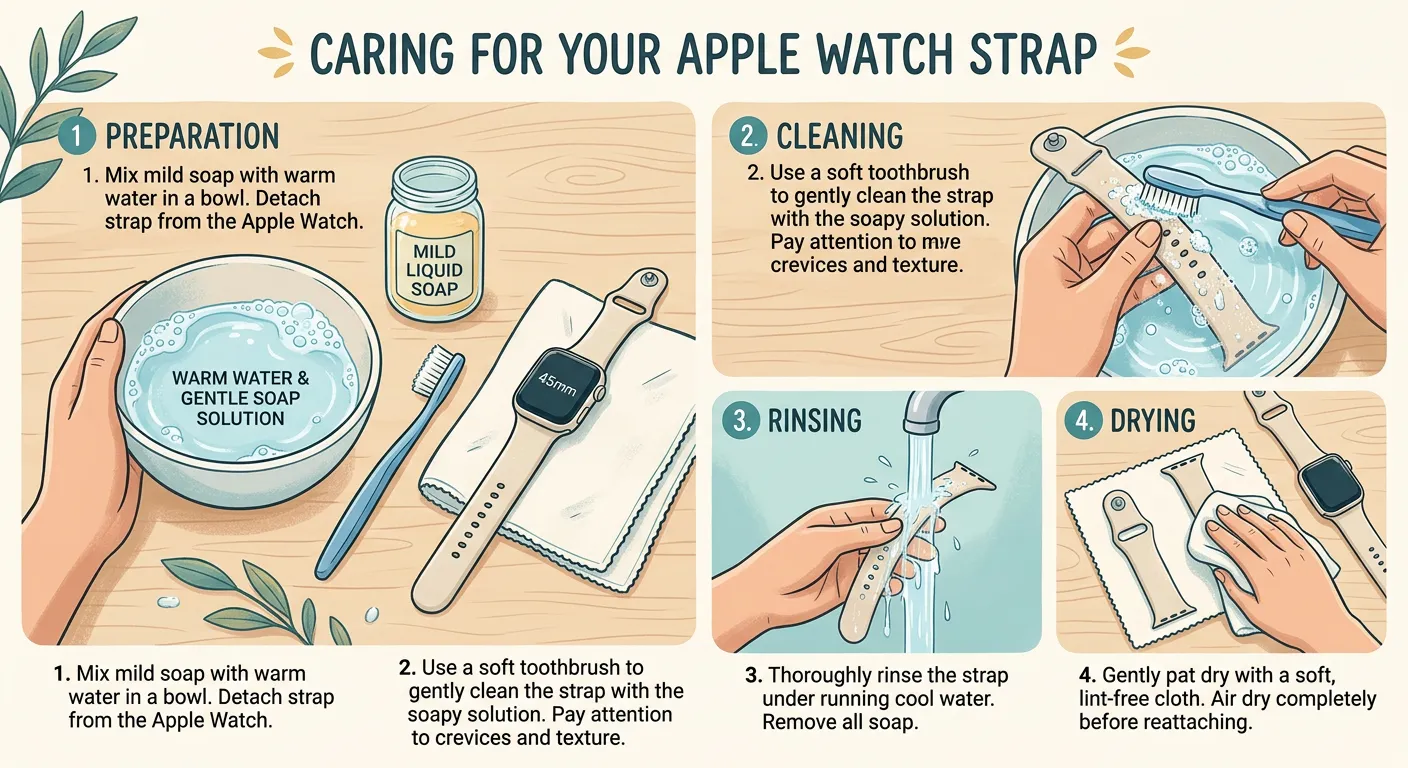 "Illustration of an Apple Watch strap cleaning process: warm water, gentle soap solution, and a soft