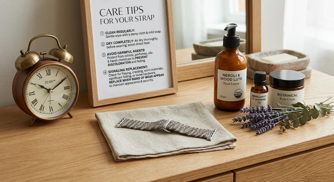 "An elegant Apple Watch strap drying on a stylish surface, surrounded by fragrant lotions and a cloc